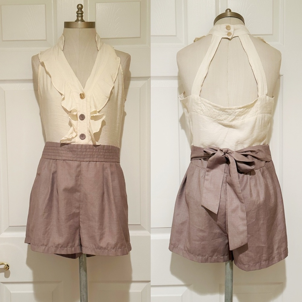 ALESSANDRO MIELE ITALY CREAM HALTER TAUPE ROMPER TIE BELT LARGE